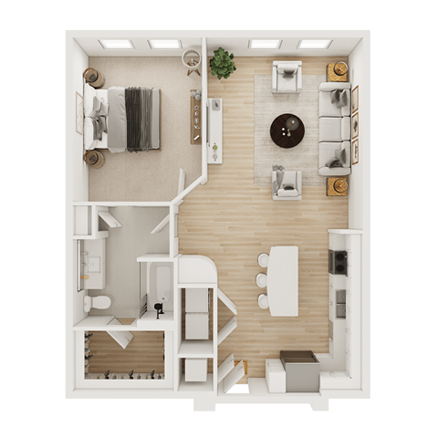 Floor plan for 1 bed, 1 bath, 807 sqft